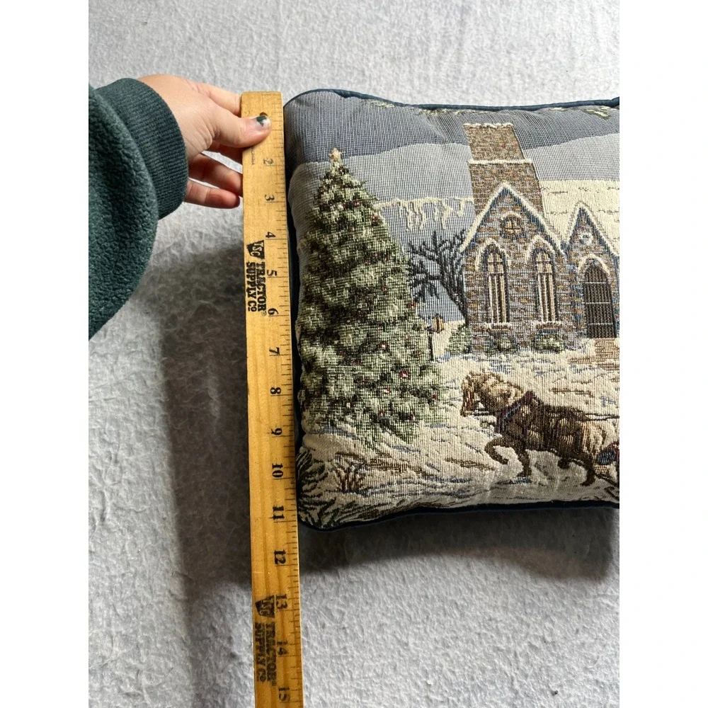 Tapestry Christmas Pillow Winter Scene‎ Church Horse Sleigh Decorative accent